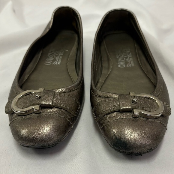 Salvatore Ferragamo Ballet Flats Metallic Bronze Women’s 6.5 Silver Buckle Y2K - Picture 2 of 13